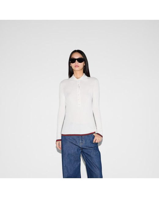 Gucci ウェブ ストライプ カシミア＆シルク ポロトップ, ホワイト, ウェア White