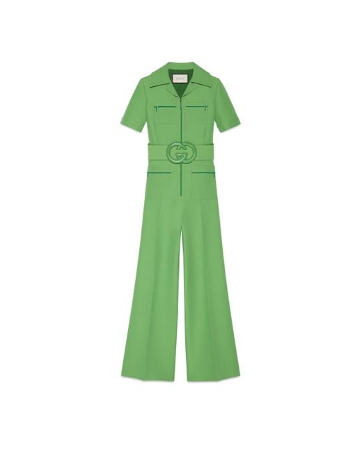 Gucci Green Wool Silk Belted Jumpsuit