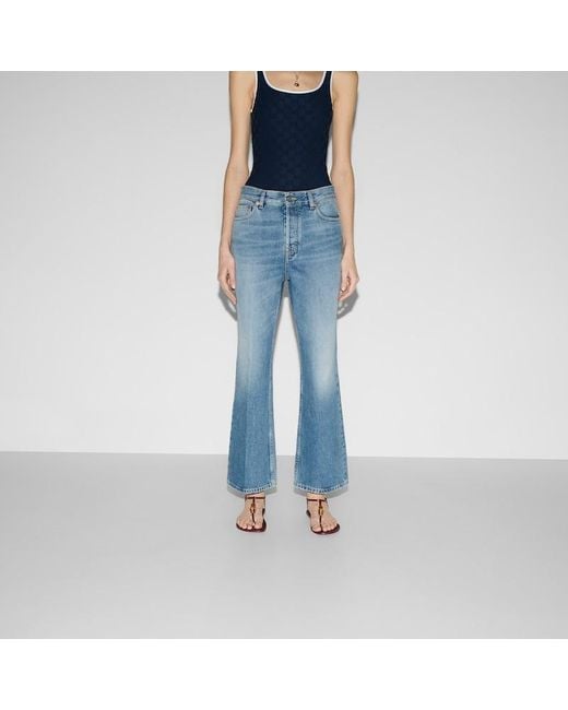 Gucci デニム クロップド フレアパンツ, ブルー, ウェア Blue