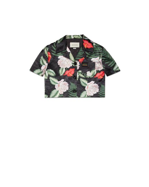 Gucci Black Hawaiian Print Silk Cropped Jacket