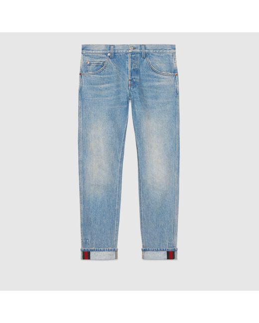 Gucci Blue Tapered Denim Pant With Web for men