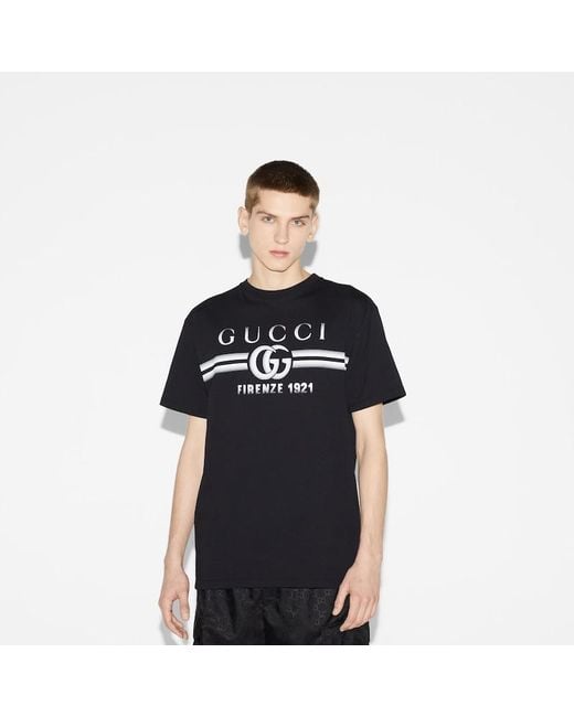 T-shirt In Jersey Di Cotone Con Stampa di Gucci in Black da Uomo
