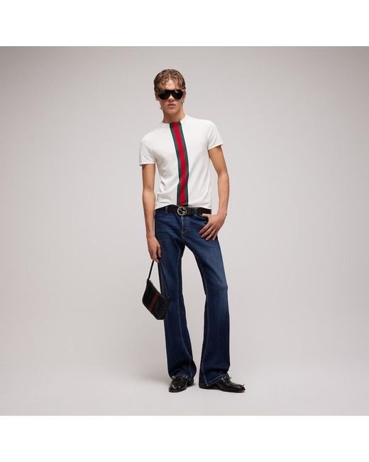 Gucci White Knit Cotton T-Shirt With Web Intarsia for men