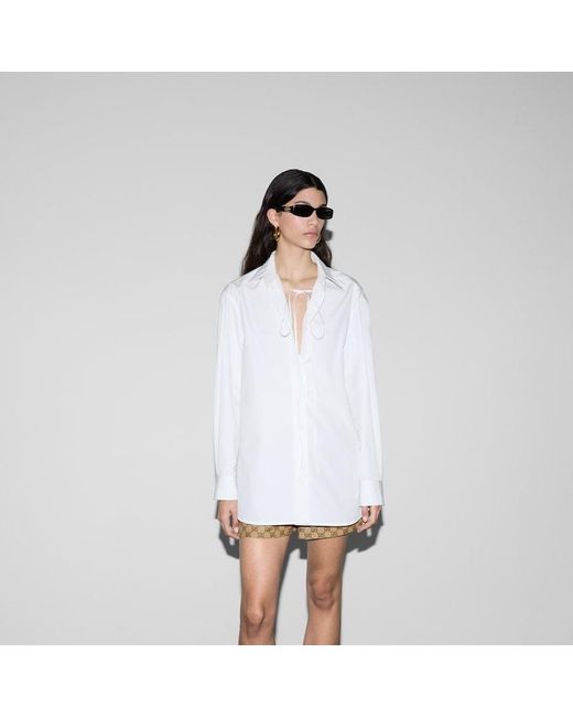 Camisa de Popelina de Algodón con Lazo Gucci de color White