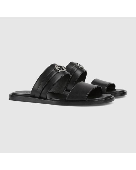 Sandalo Con Incrocio GG Tondo di Gucci in Black da Uomo