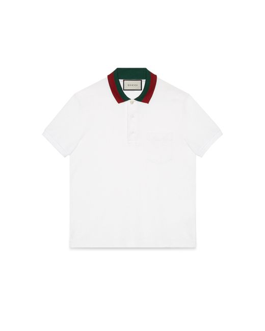 Polo en coton avec col ruban Web Gucci pour homme en coloris White