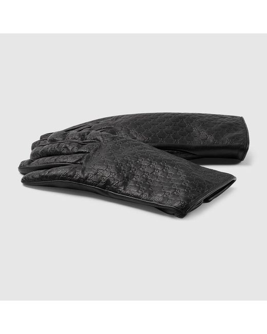 Gucci Black Embossed Gg Leather Gloves for men