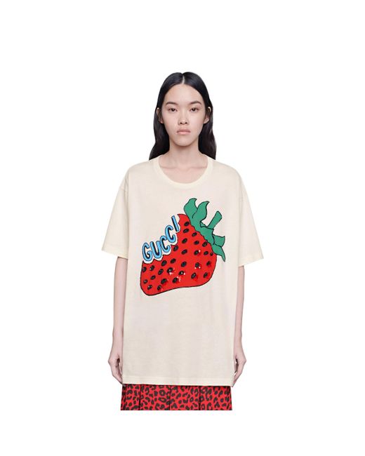 Gucci Übergroßes T-Shirt mit Erdbeere in Weiß | Lyst DE