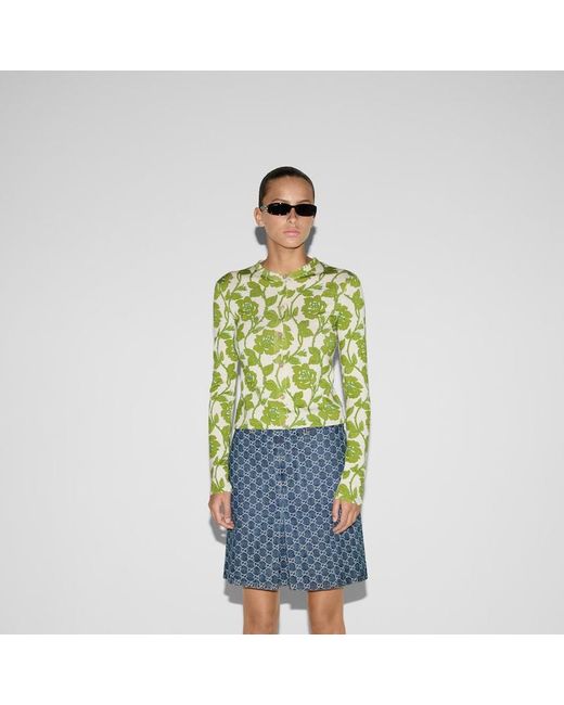 Gucci Green Floral Print Fine Wool Silk Cardigan