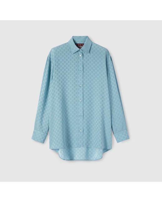 Gucci Blue Gg Silk Jacquard Oversize Shirt