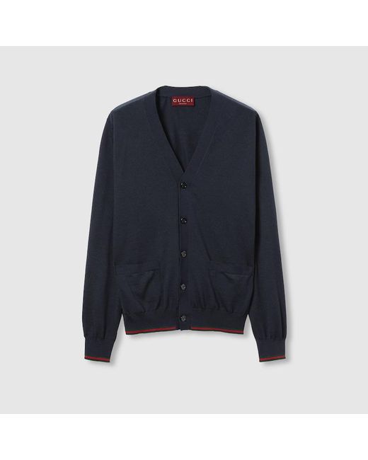 Gucci Blue Wool Knit Cardigan With Web for men
