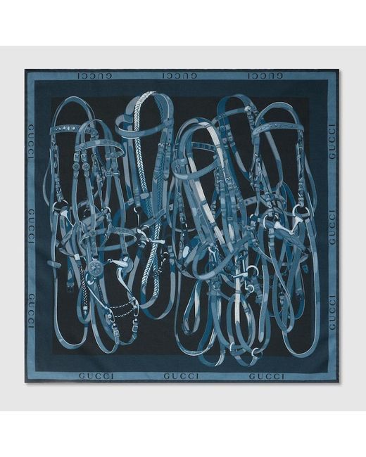 Gucci Blue Printed Cotton Silk Pocket Square for men