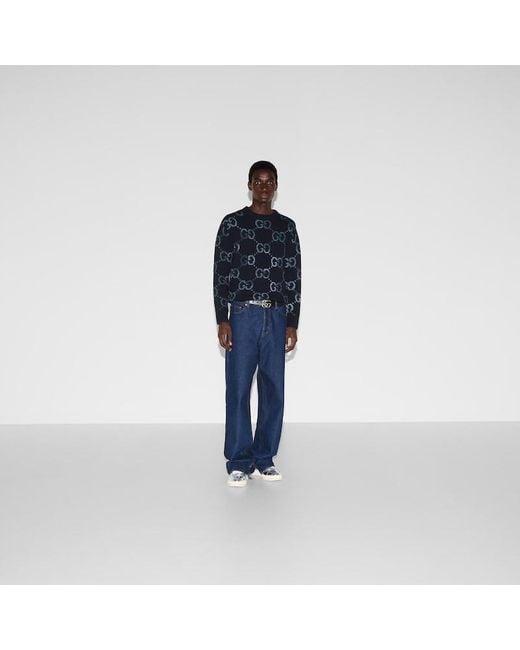 Gucci Blue Wool Sweater With Gg Intarsia, Ready-To-Wear for men