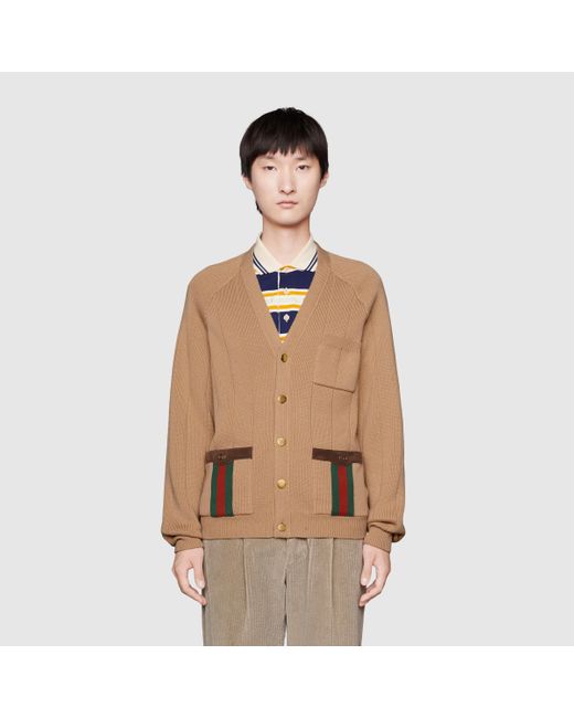 メンズ Gucci 公式 グッチ ウェブ ストライプ付き ウールブレンドニット カーディガンキャメルブラウン Lyst