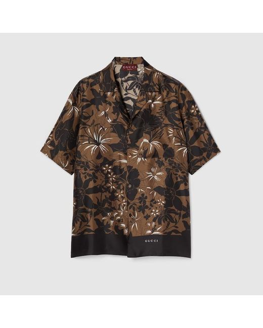 Gucci Brown Printed Silk Twill Bowling Shirt for men