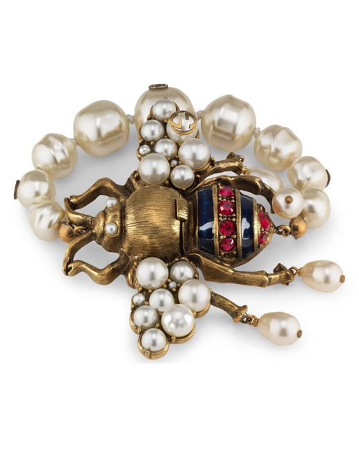 Gucci Metallic Bee Bracelet With Crystals And Pearls