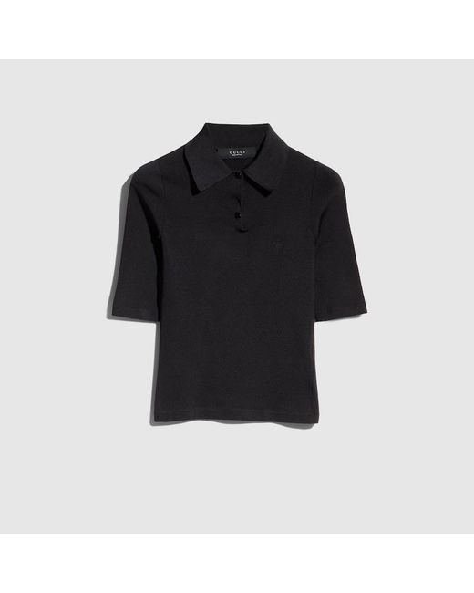 Gucci Black Stretch Knit Silk Polo Shirt With Embroidery