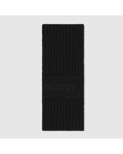 Gucci Black Wool Cashmere Scarf With Embroidery