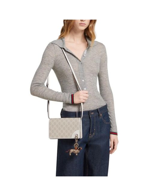 Gucci Natural Gg Emblem Wallet With Leather Strap, Gg Canvas