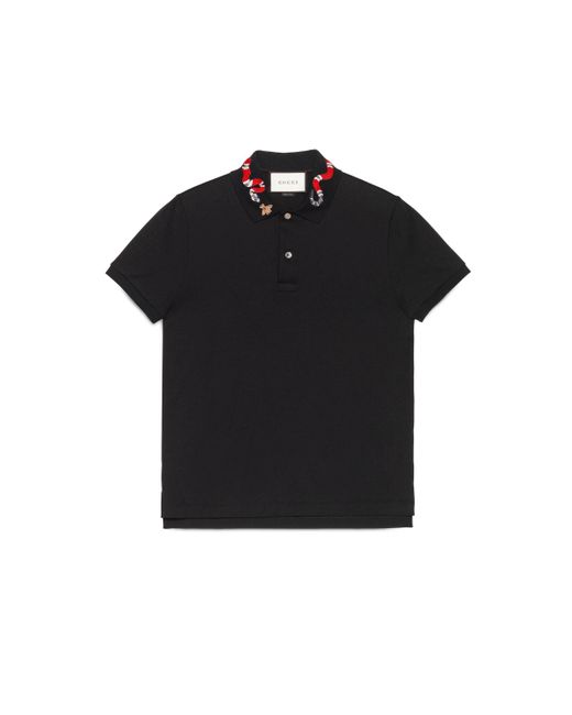 Gucci Black Cotton Polo With Kingsnake Embroidery for men