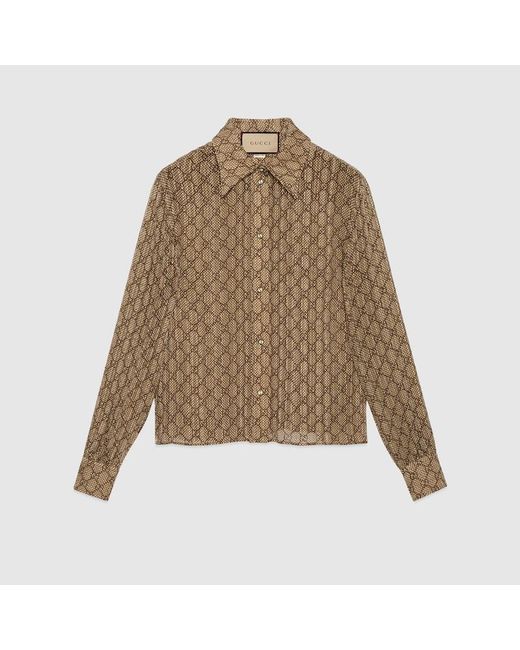 Gucci Natural Bluse Aus Seide Mit Gg Schachbrettmuster-Print, Grösse