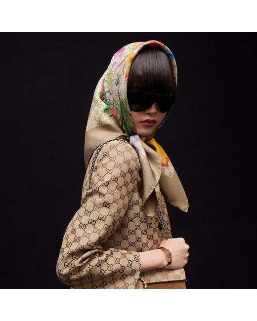 Gucci Green Printed Gg Silk Twill Carré