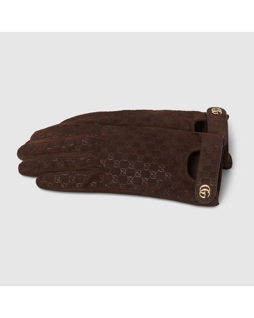 Gucci Brown Gg Leather Gloves With Double G