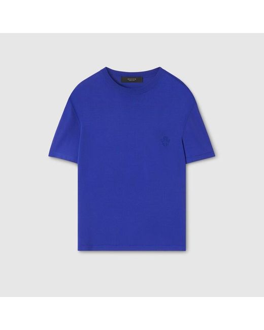 Gucci Blue Knitted T-Shirt With Embroidery, Ready-To-Wear for men