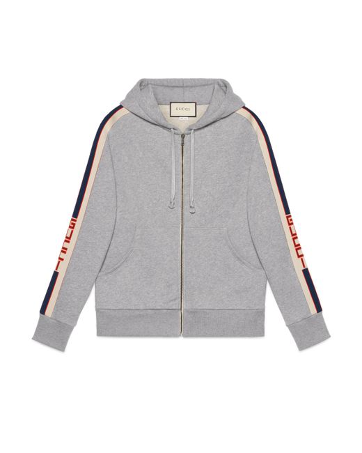 Gucci Gray Hooded Zip-up Sweatshirt With Stripe for men