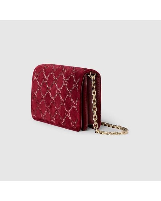 Gucci Red Brieftasche Mit Gg Kristallen Und Kettenriemen