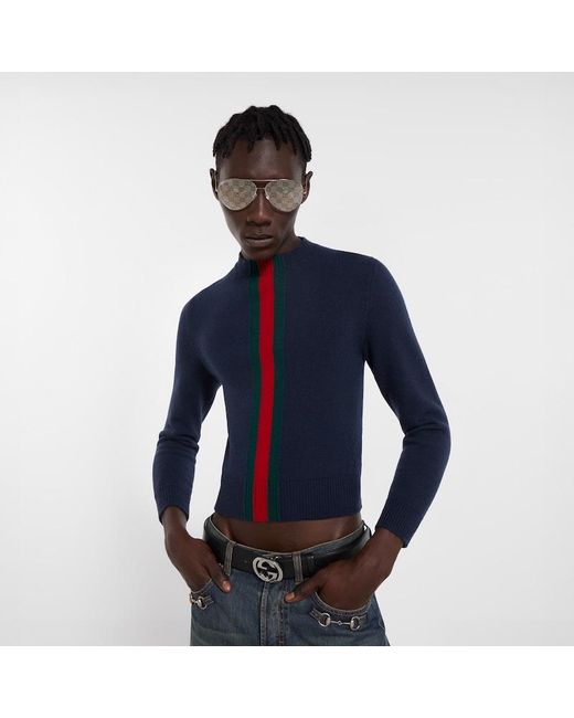 Gucci Blue Fine Knit Wool Sweater With Web for men
