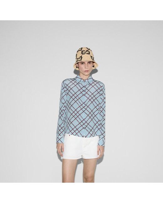 Gucci Blue Bluse Aus Crêpe De Chine Mit Print, Grösse