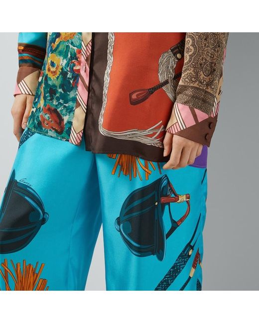 Pantalone In Twill Di Seta Con Stampa Equestre di Gucci in Blue