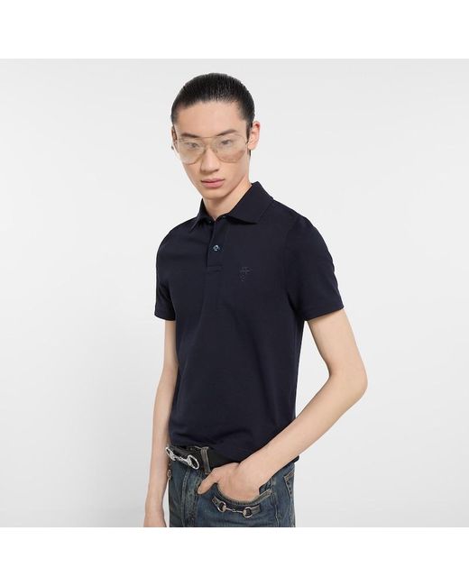 Gucci Blue Cotton Piquet Polo Shirt With Embroidery for men