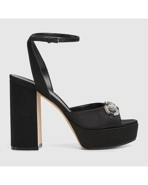 Gucci Black Platform Sandal With Crystal Horsebit, Size 35 It