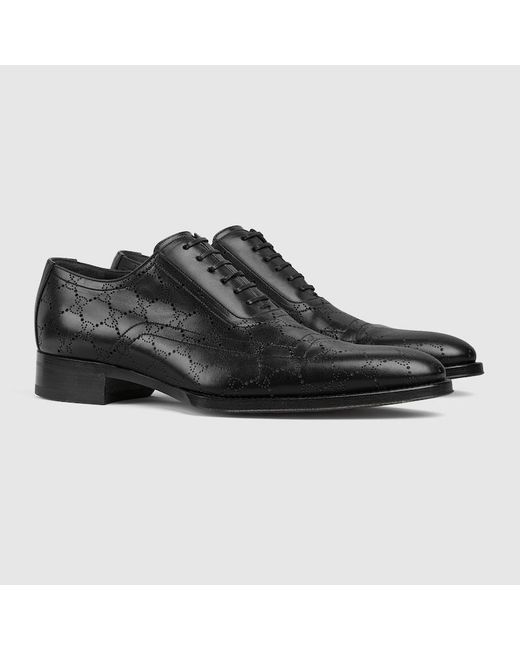 Gucci Black Lace-Up Shoe With Lasered Gg, Leather for men