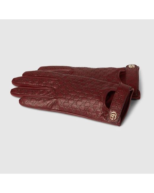 Gucci Red Gg Leather Gloves With Double G