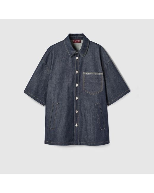 Gucci Hemd Aus Selvedge-Baumwolldenim Mit Logo, Größe in Blue für Herren