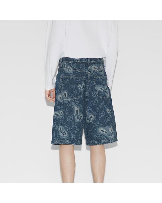 Shorts In Denim Con Stampa Cuori Liquidi GG di Gucci in Blue da Uomo