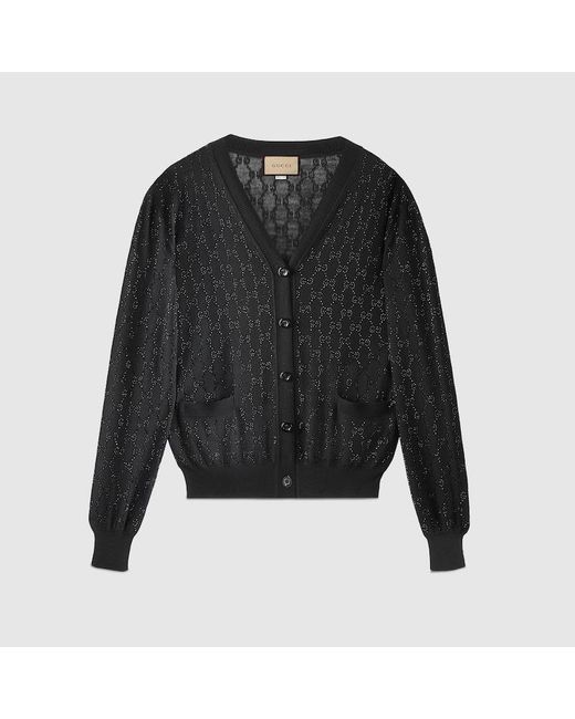 Gucci Black Fine Wool Gg Crystal Cardigan