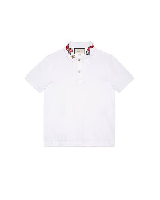 Gucci White Cotton Polo With Snake Embroidery for men