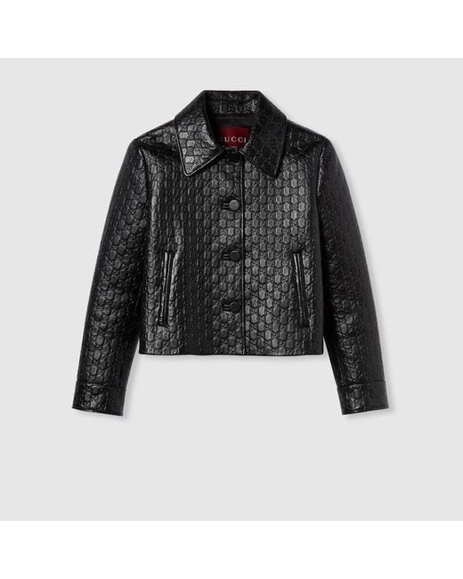 Gucci Women's Black Embossed Gg Leather Jacket, Ready-To-Wear