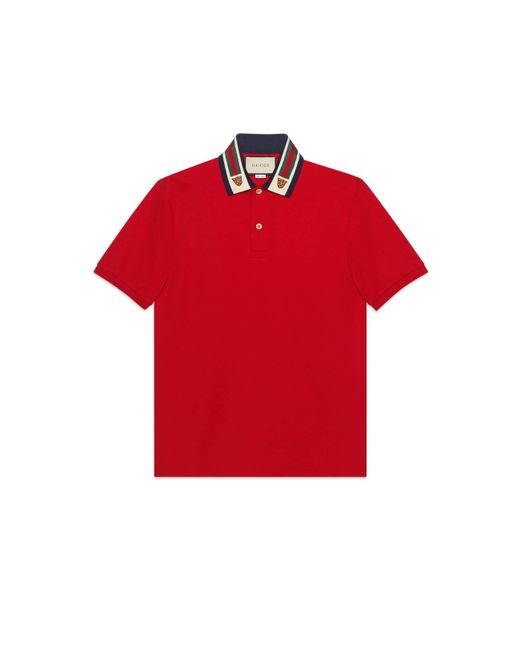 Gucci Red Cotton Polo With Web And Feline Head for men