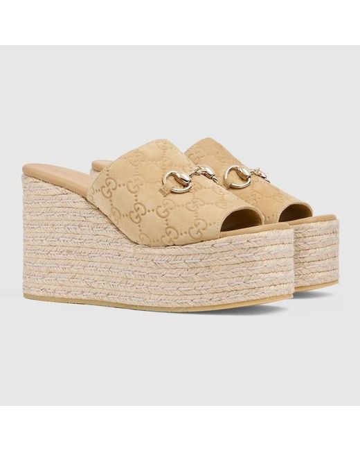 Gucci Natural Platform Espadrille With Horsebit, Suede