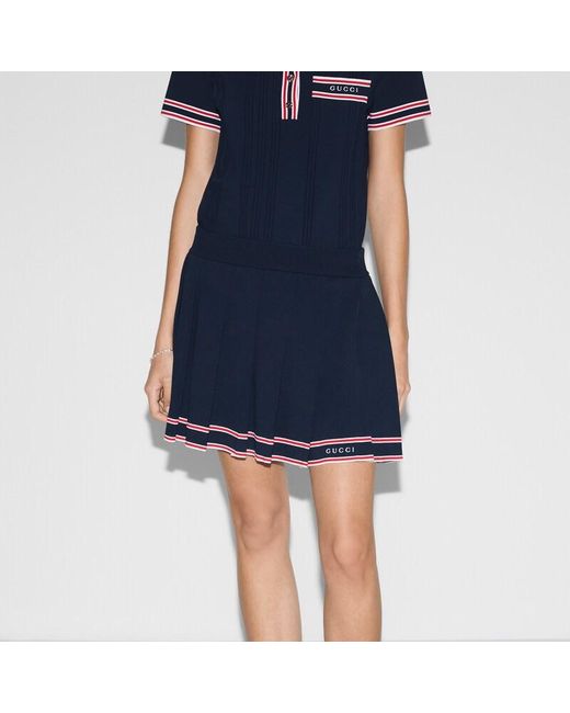 Gucci Blue Pleated Skirt With Striped Trim, Ready-To-Wear