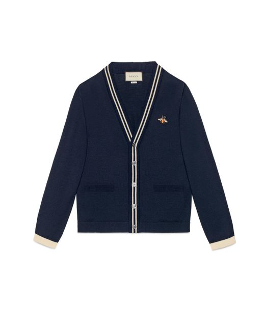 Gucci Blue Cardigan Wool Knit With Bee for men