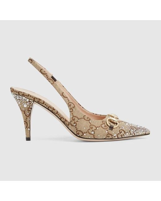 Gucci クリスタル ホースビット付き ウィメンズ スリングバック パンプス, ベージュ, ファブリック Metallic