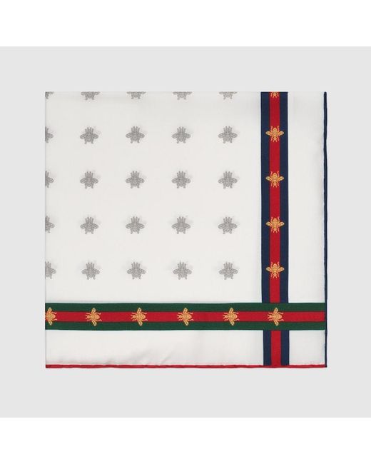 Gucci White Bee Pattern Silk Pocket Square for men