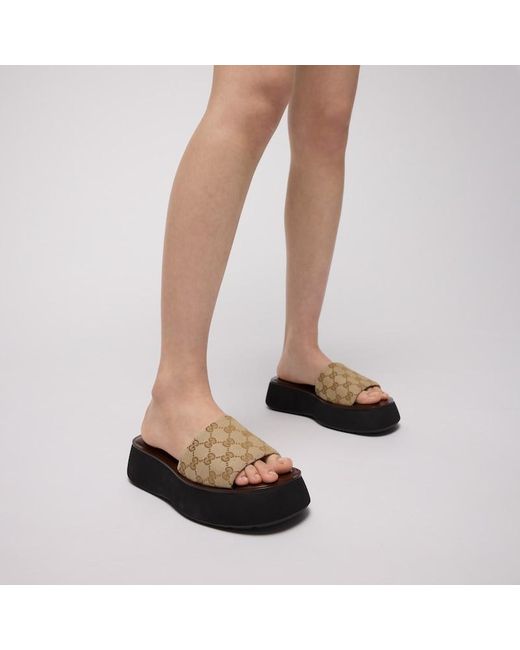 Gucci Black Flatform Slide Sandal, Gg Canvas