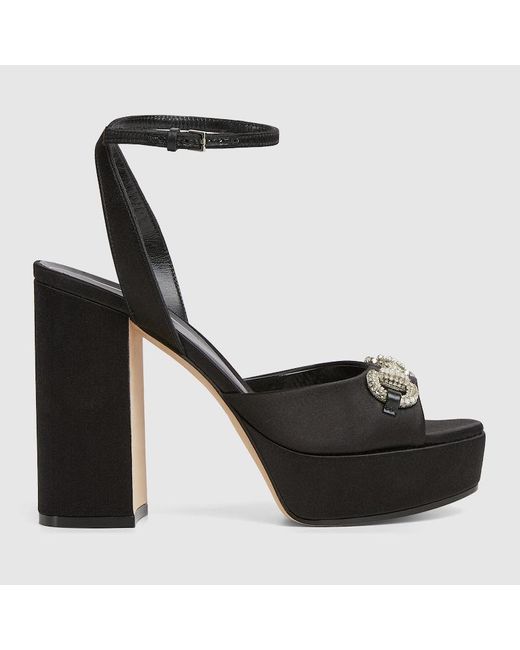 Gucci Black Platform Sandal With Crystal Horsebit, Size 35 It